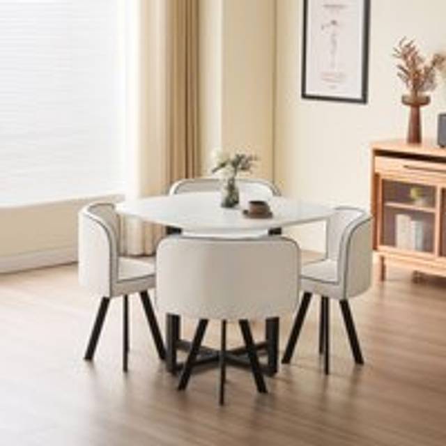 White 90cm Square Dining Table Set with 4 White Chairs - One Size