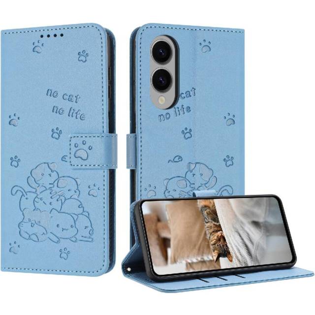 (Blue) Flip Case for Samsung Galaxy S25 Edge Pu Leather Card Holder Kickstand Leather Wallet Cute Cat