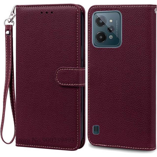 (Wine Red-Strap, For Realme C31) RealmeC31 Case Silicone Wallet Leather Flip Case For OPPO Realme C31 Phone Cases For RealmeC31 Case Coque Fundas Back