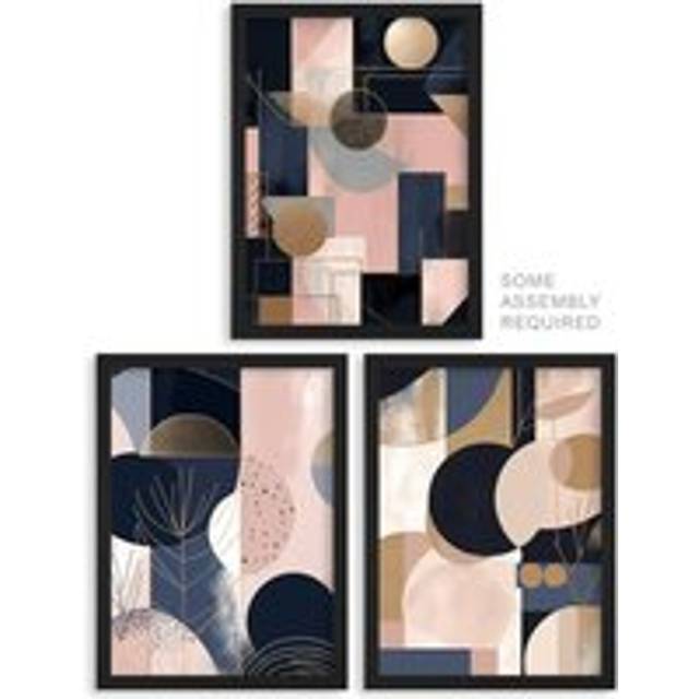 A4 Wall Art And Frame Set of 3 Abstract Geometric Paintings Pink - Blue - A4