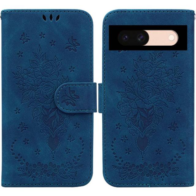 (Blue) Case For Google Pixel 8A Card Slots Emboss Rose Flowers Wallet Case Flip PU Leather Cover Kickstand