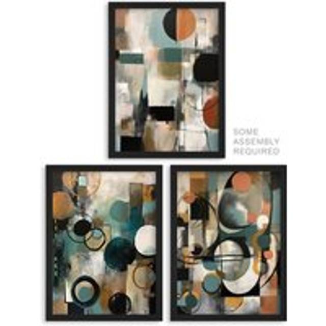 A4 Wall Art And Frame Set of 3 Modern Abstract Circles Tan Orange Teal - Grey - A4