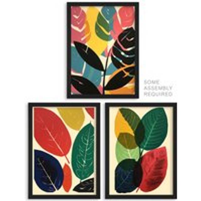 A4 Wall Art And Frame Set of 3 Abstract Colourful Boho Leaves Graphic - Multi - A4