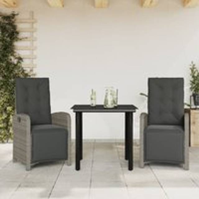 3 Piece Bistro Set with Cushions Grey Poly Rattan - One Size