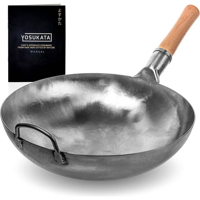 YOSUKATA Silver Round Bottom Woks and Stir Fry Pans 36 cm - Chinese Hammered Carbon Steel Pow Wok - Traditional Chinese Japanese Cookware - Carbon