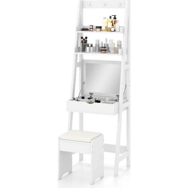 60cm Slim Vanity Desk Stool Set Ladder Dressing Table w/ Flip Top Mirror-White