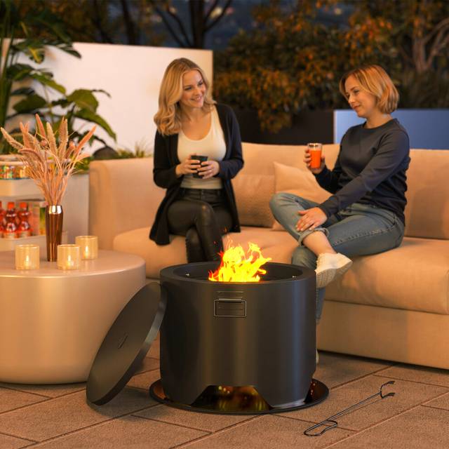 Outsunny Outdoor Round Fire Pit with Lid, Firepit with Fire Poker, Black, Black