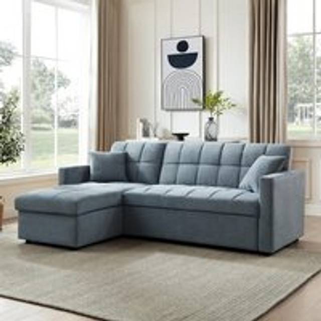 Harry Pull-Out Sofa Bed With Chaise - Light Blue - One Size