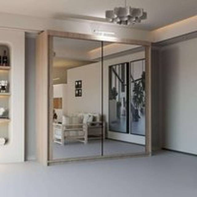 Double Mirror Sliding Wardrobe With LED Light W180cm x H217cm x D62cm - Light Brown - One Size