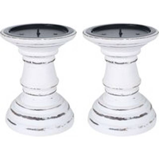 Topfurnishing - set of 2 Rustic Antique Carved Wooden Pillar Church Candle Holder [[White Light,Small 13cm]