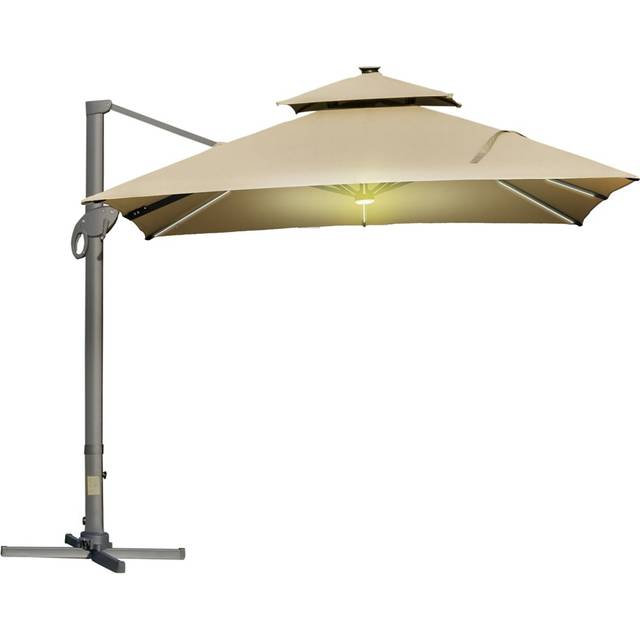 Outsunny 2 Tier Khaki Solar LED Cold Light Cantilever Parasol 3m - Cream