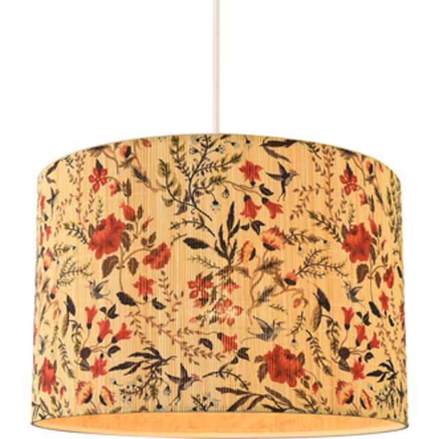Bird Theme Bamboo Pendant Lamp Shade with Green Leaves and Red Flowers - Multi - One Size