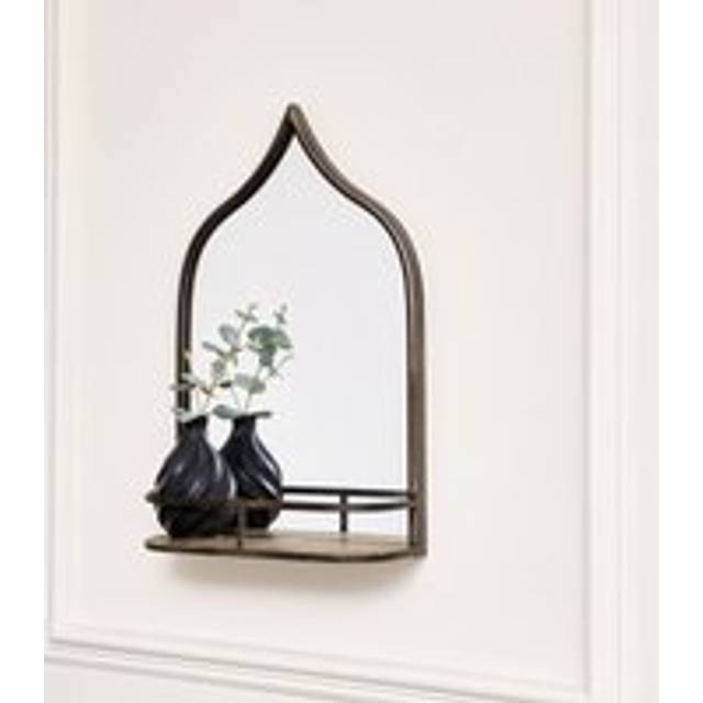 Rustic Metal Arched Mirror With Gold Shelf - 48cm x 30cm Material: Mirrors