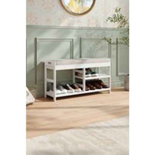 3-Shelf Wood Shoe Storage Bench with Padded Seat - White - One Size