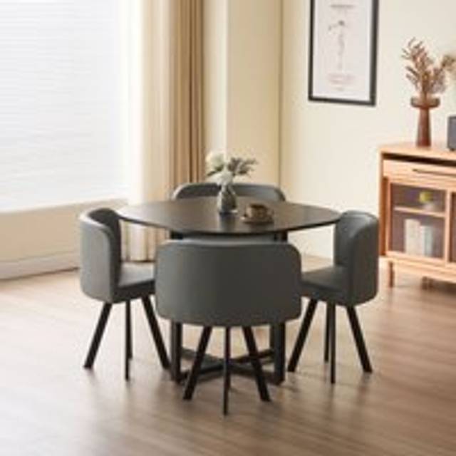Black 90cm Square Dining Table Set with 4 Grey Chairs - One Size