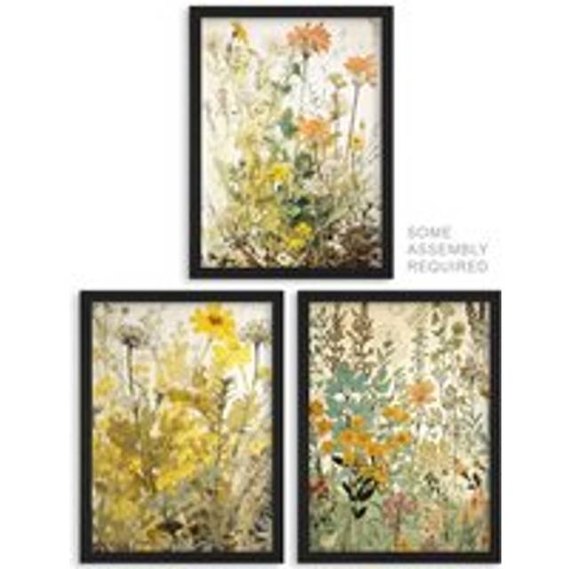 A4 Wall Art And Frame Set of 3 Wildflowers Florals Yellow Pink Teal - Beige - A4