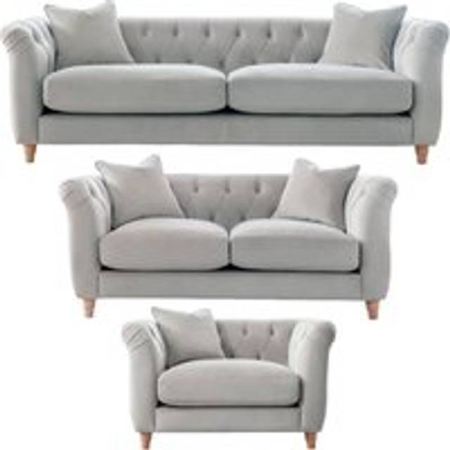 Elsie Plush Velvet Fabric Chesterfield Chalk 3 Piece Sofa Suite 3 2 1 - Light Grey - One Size