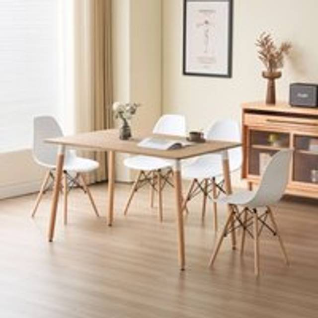 Piece Dining Set With Oak Wooden Top And 4 White Chairs With Metal Detailing - Light Oak - One Size