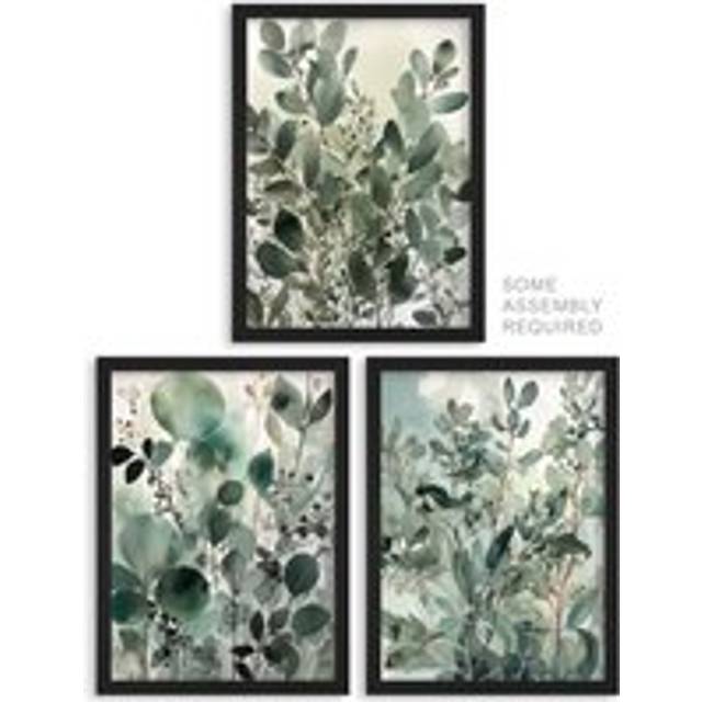 A4 Wall Art And Frame Set of 3 Botanical Plants Sage Eucalyptus Leaves - Pale Green