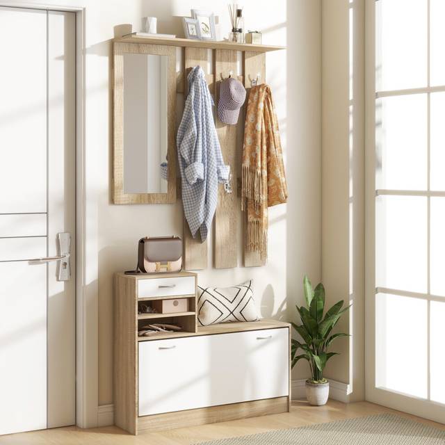 HOMCOM Hallway Furniture Set with Shoe Cabinet, Coat Rack and Mirror, Brown