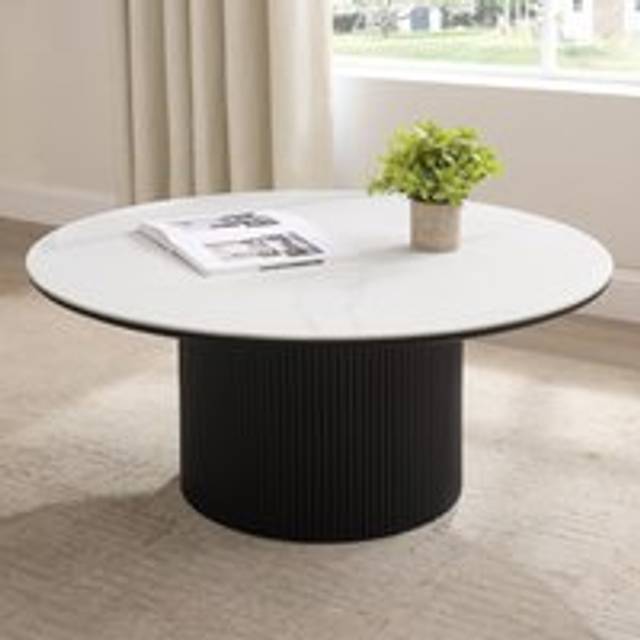 Oscar Round Sintered Stone Topped Japandi Coffee Table with Black Base - Multi - One Size