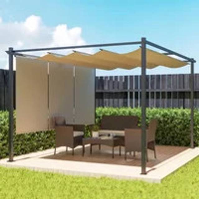 Outsunny 3 x 4m Metal Pergola with Retractable Roof and Roller Shade, Yellow, Yellow