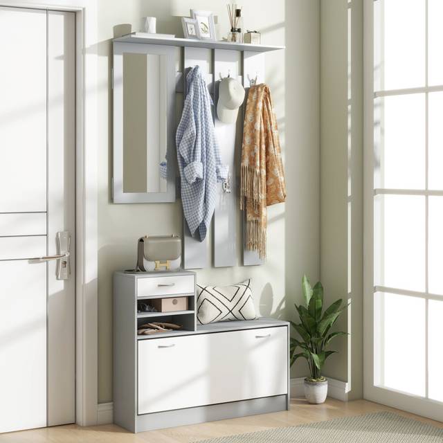 HOMCOM Hallway Furniture Set with Shoe Cabinet, Coat Rack and Mirror, Grey