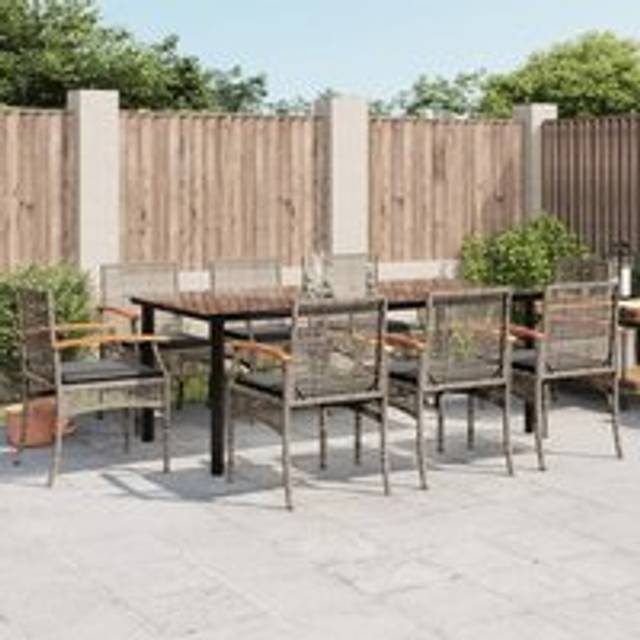 9 Piece Garden Dining Set with Cushions Grey Poly Rattan - One Size