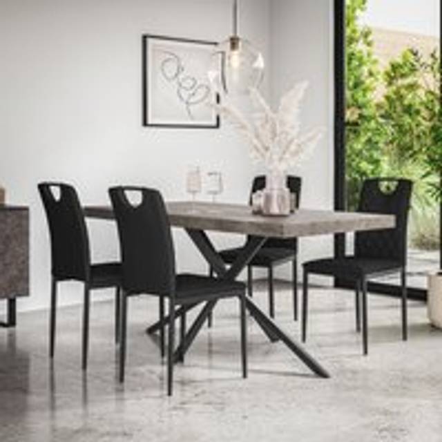 (Black) Donni Dining Table And Chairs Concrete Effect Top w 4-6 Monza Faux Leather Chair