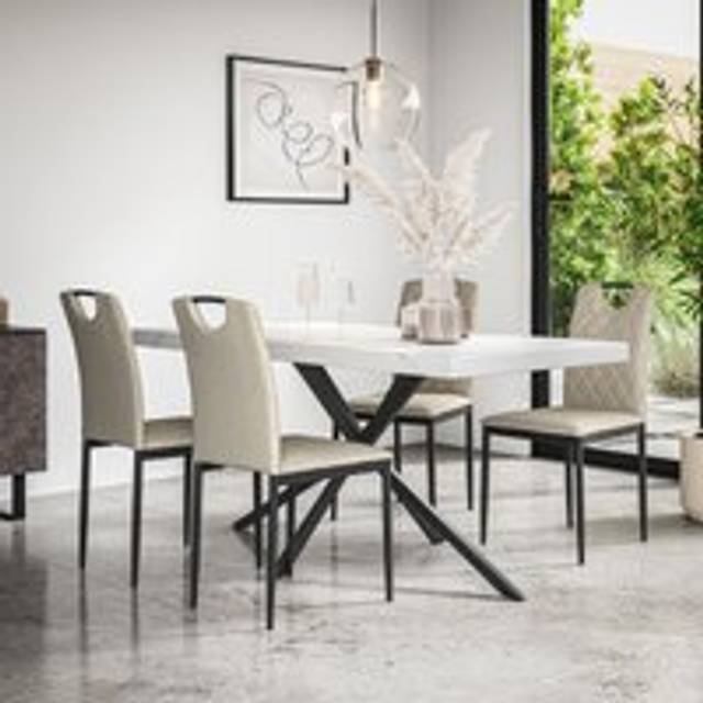 (Beige) Donni Dining Table And Chairs - Marble Effect Table w 4-6 Monza Linen Chair