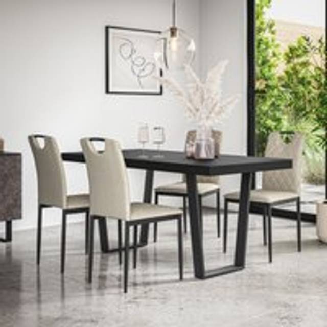 (Beige) Aria Dining Table And Chairs - Black Table Top w 4-6 Monza Linen Chair