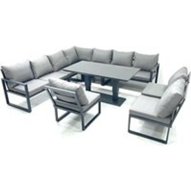 Fimous 10 Seater Outdoor Aluminum Garden Furniture Set Corner Sofa Rising Lifting Dining Table Sets Dark Grey
