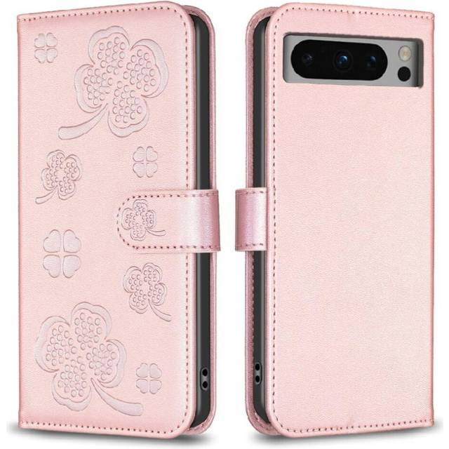 (Pink) Flip Case for Google Pixel 8 Pro Multi-color Wallet Pu Leather Card Slots Holder Kickstand Clover Flower