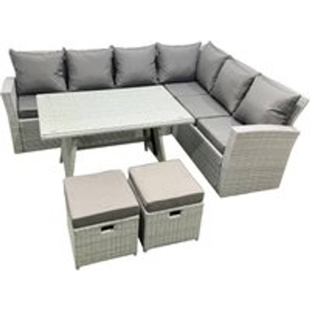 8 Seater Garden Outdoor Rattan Furniture Set Rattan Corner Sofa Oblong Dining Table Set with 2 Small Footstools Light Grey Mixed - Fimous