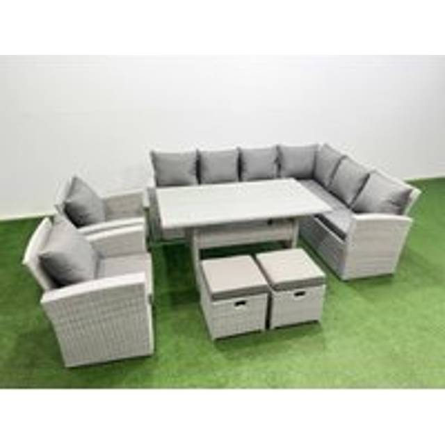 Rattan Garden Furniture Set Outdoor 10 Seater Patio Dining Corner Sofa Sets with Dining Table Chair 2 Small Footstool Light Grey Mixed - Fimous