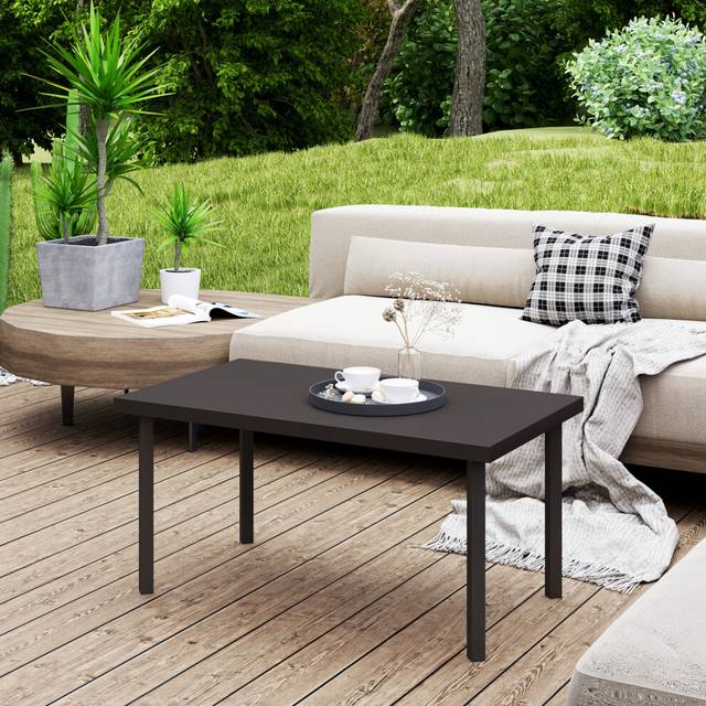 Outsunny Metal Garden Coffee Table with Woodgrain Tabletop, Brown