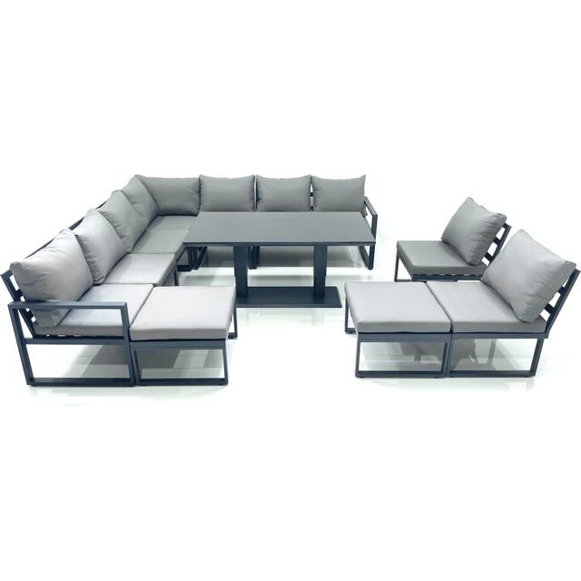 Fimous 11 Seater Outdoor Aluminum Garden Furniture Set Corner Sofa 2 Big Footstools Rising Lifting Dining Table Sets Dark Grey