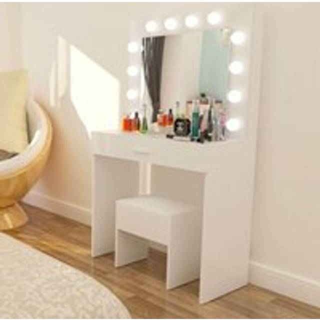 Dressing Table with Stool LED Lights Mirror Makeup Vanity Desk Set - White - One Size