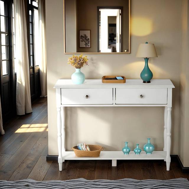 Stratford 2 drawer console table white shabby chic