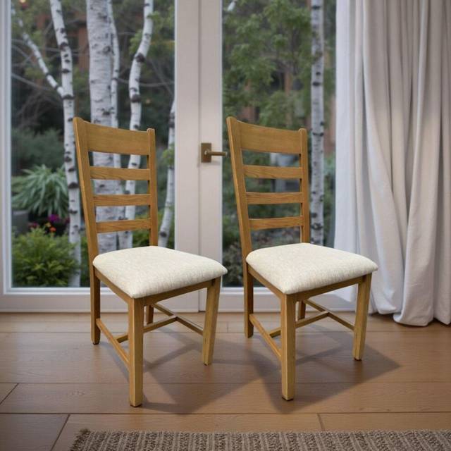 (Slatted Back) High Back Dining Chair Beige Wool Seat Solid Oak Legs