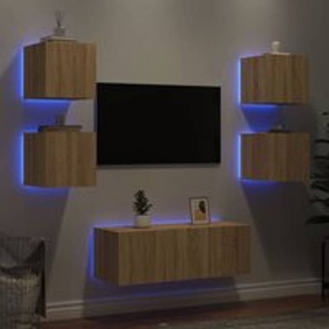 6 Piece TV Wall Units with LED Sonoma Oak Engineered Wood - Brown - One Size