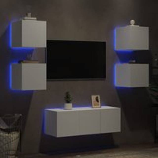 6 Piece TV Wall Units with LED White Engineered Wood - One Size
