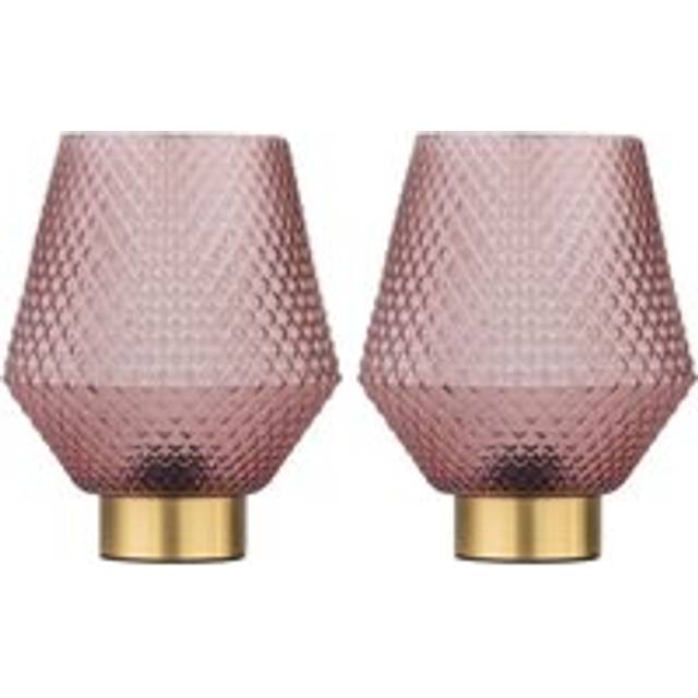 Set of 2 Porter - Battery Operated Satin Brass Lamps Pink Tex Glass - Gold - One Size