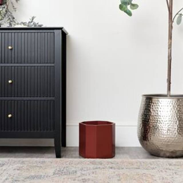 Oxblood Dark Red Wooden Octagonal Edge Waste Paper Bin Material: New Products