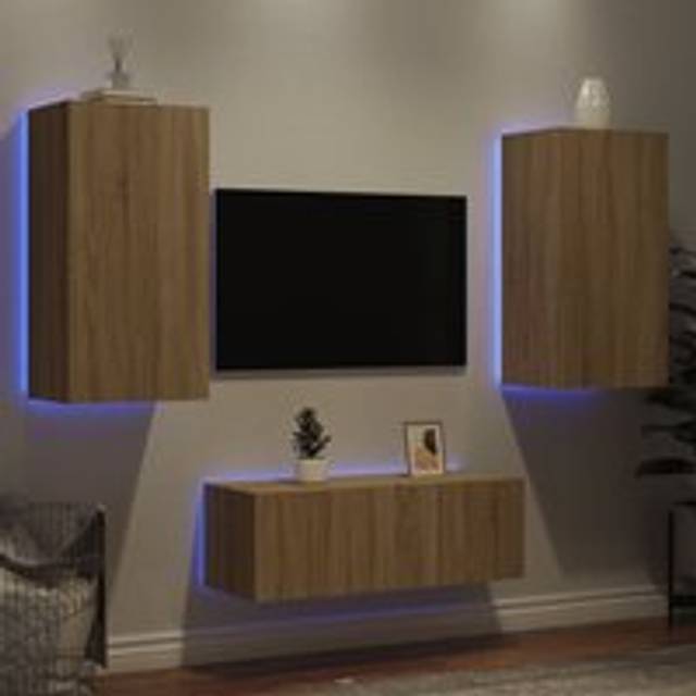 4 Piece TV Wall Units with LED Sonoma Oak Engineered Wood - Brown - One Size