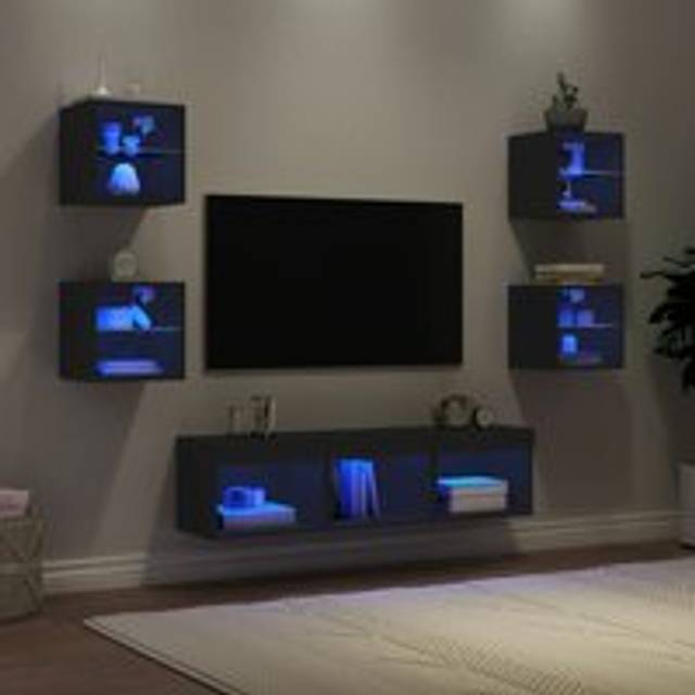 7 Piece TV Wall Units with LED Black Engineered Wood - One Size