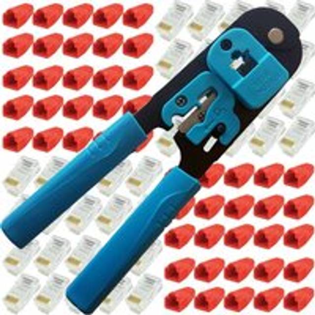 RJ45 Crimp Tool 100x CAT5e Connectors & Cable Strain Relief Network Jacks 8P8C