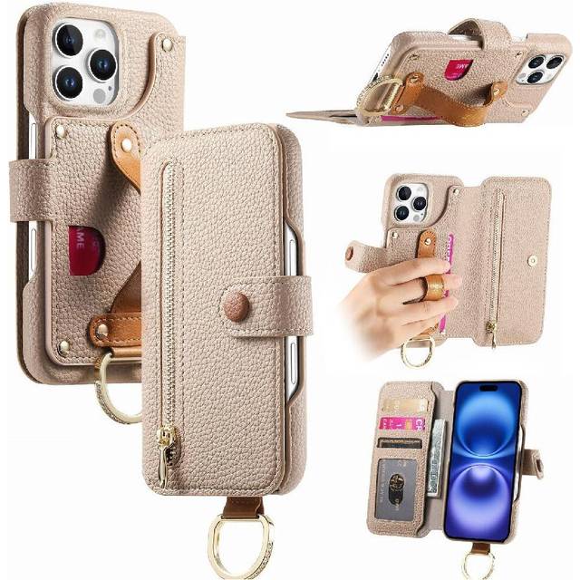 (White) Compatible with iphone 16 Pro Case Wristband Stand Zipper Crad Slot Wallet