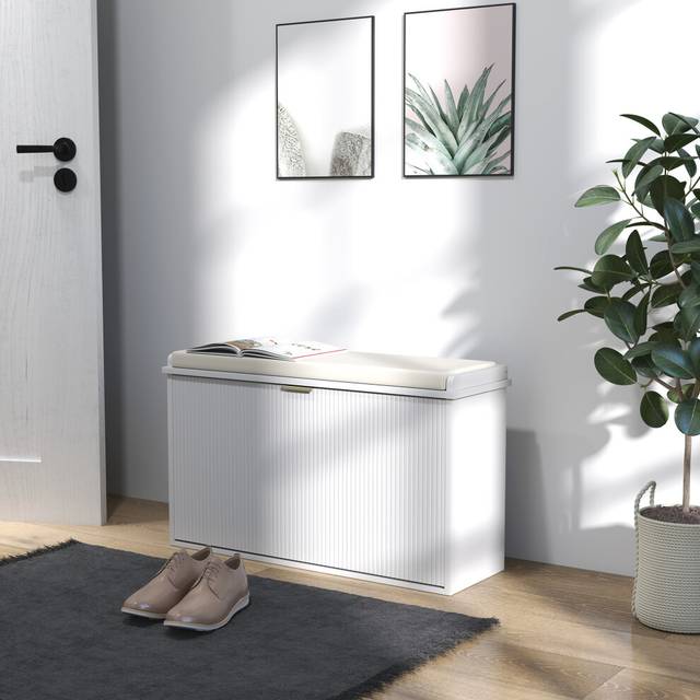HOMCOM Shoe Storage Bench with Cushion and Flip-Drawer 80x26x47.5cm White, White