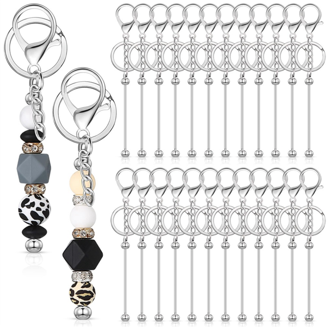 24 Pcs Beadable Keychain Bars Bulk for Beads DIY Blank Metal Beaded Bead Crafts Silver